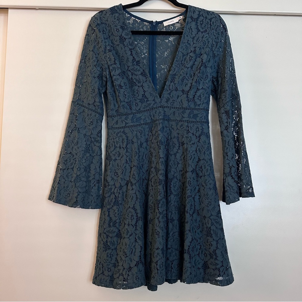 Lush Dark Green Long Sleeved Lace Mini Dress